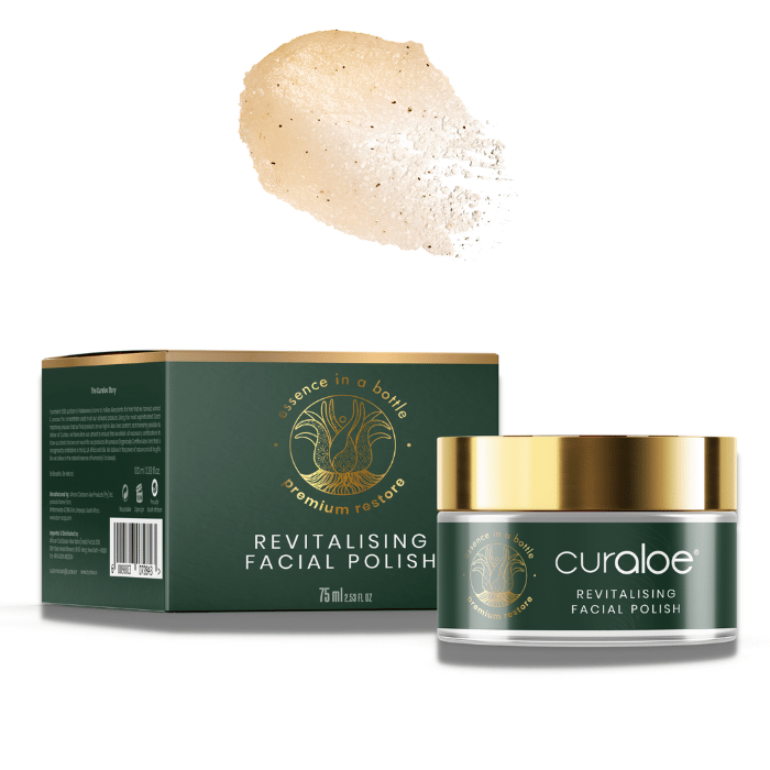 Curaloe Revitalising Facial Polish bottle, rich in 62% Aloe Vera, for glowing skin
