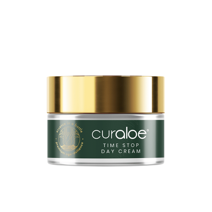 Experience anti-aging benefits with Curaloe Time Stop Day Cream, packed with 55% Aloe Vera and natural oils, ideal for mature skin