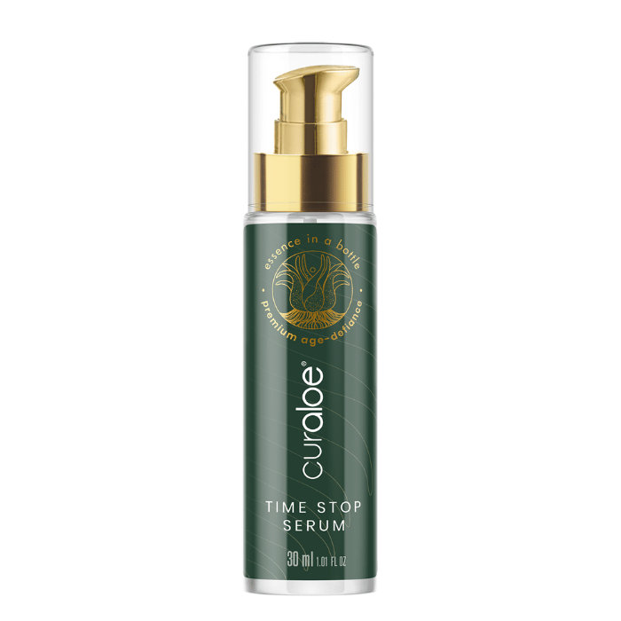 Curaloe Premium Time Stop Serum with 69% Aloe Vera, ideal for boosting collagen and elastin production in aging skin